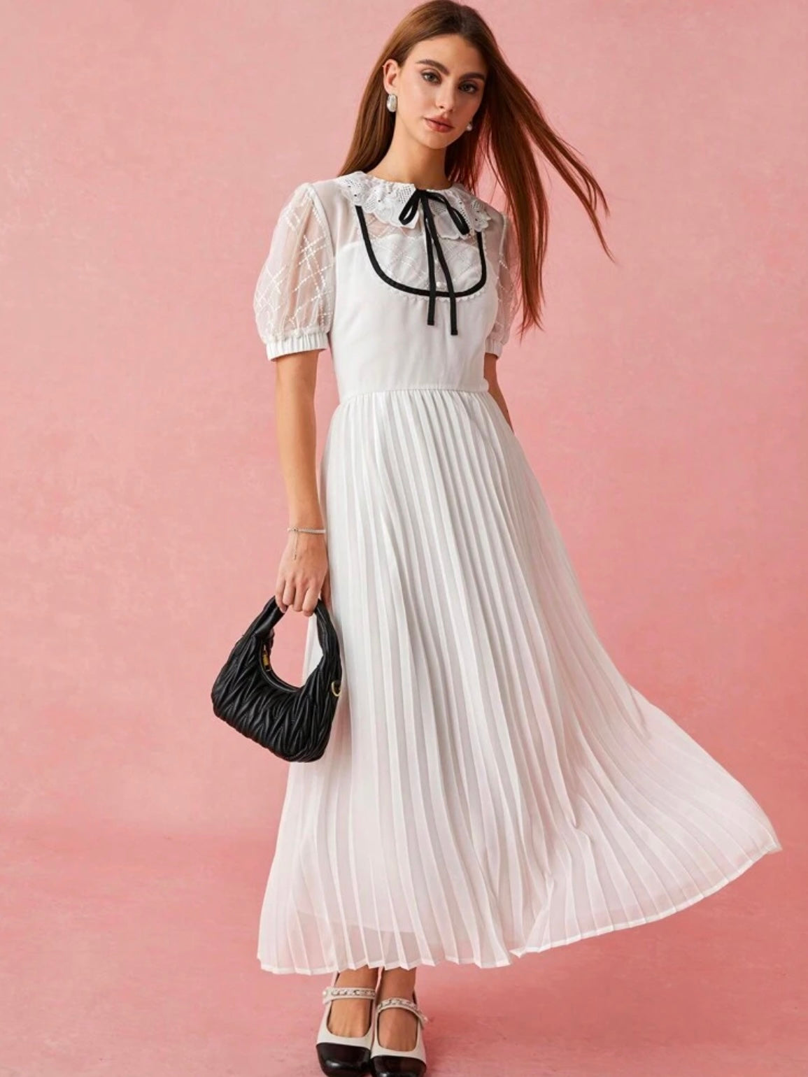 CM-DS192679 Women Elegant Seoul Style Tie Neck Bowknot Floral Lace Puff Sleeves Pleated Hem Long Dress - White