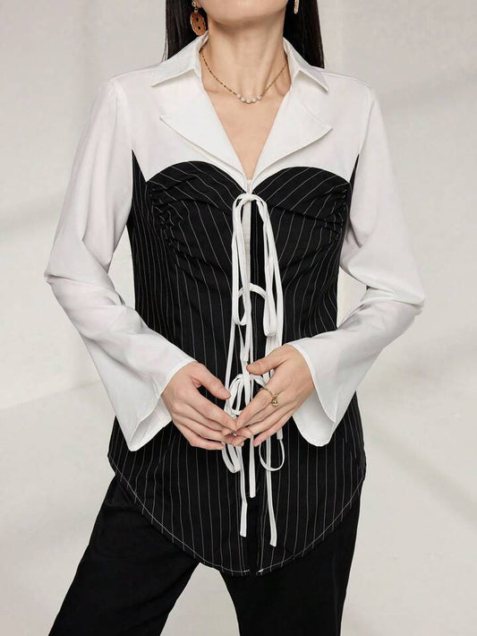 CM-TS377503 Women Elegant Seoul Style Striped Front Tie Collar Neckline Long Sleeve Lace Up Blouse