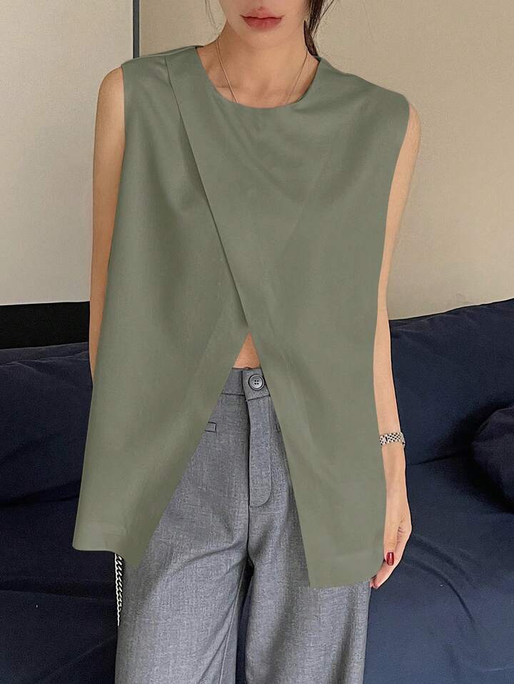 CM-TS250444 Women Casual Seoul Style Solid Color Wrap Side Slit Sleeveless Tank Top - Green