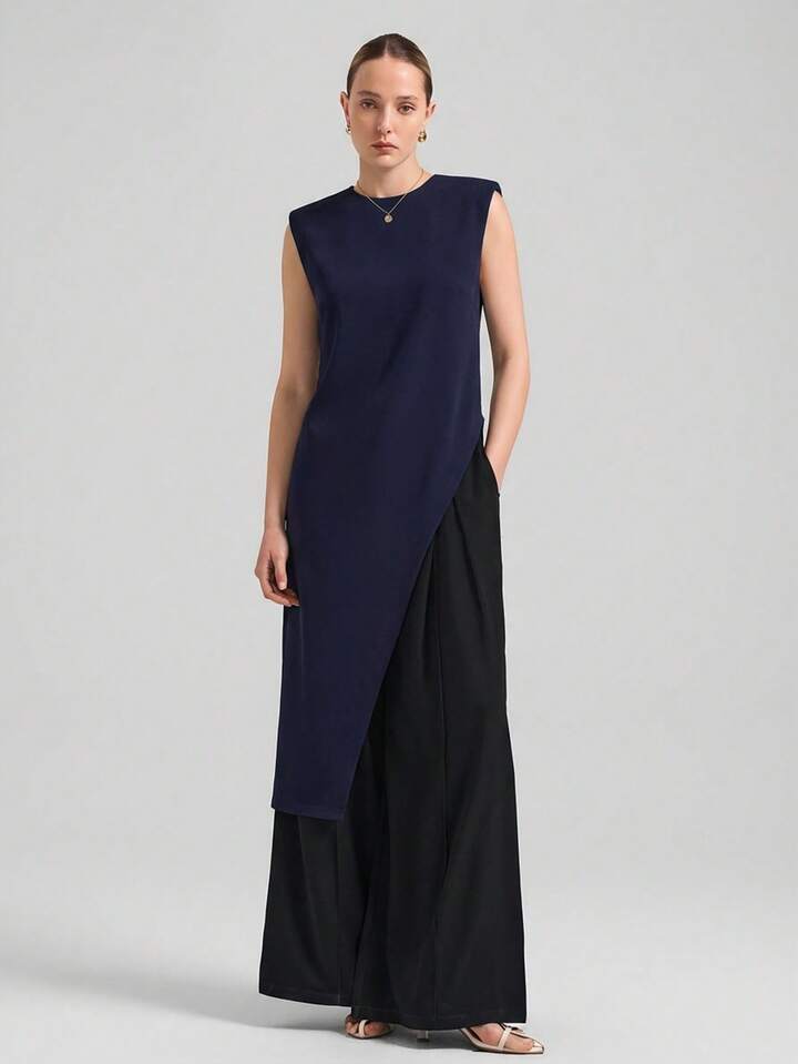 CM-TS650348 Women Casual Seoul Style Round Neck Wide Shoulder Sleeveless Asymmetric Hem Mid-Length Top - Navy Blue