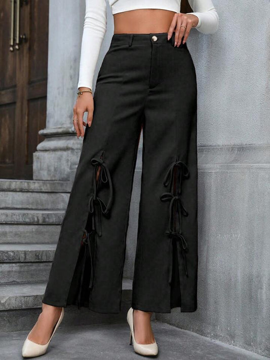 CM-BS641421 Women Casual Seoul Style Bowknot Decoration High Slit Wide Leg Pants - Black