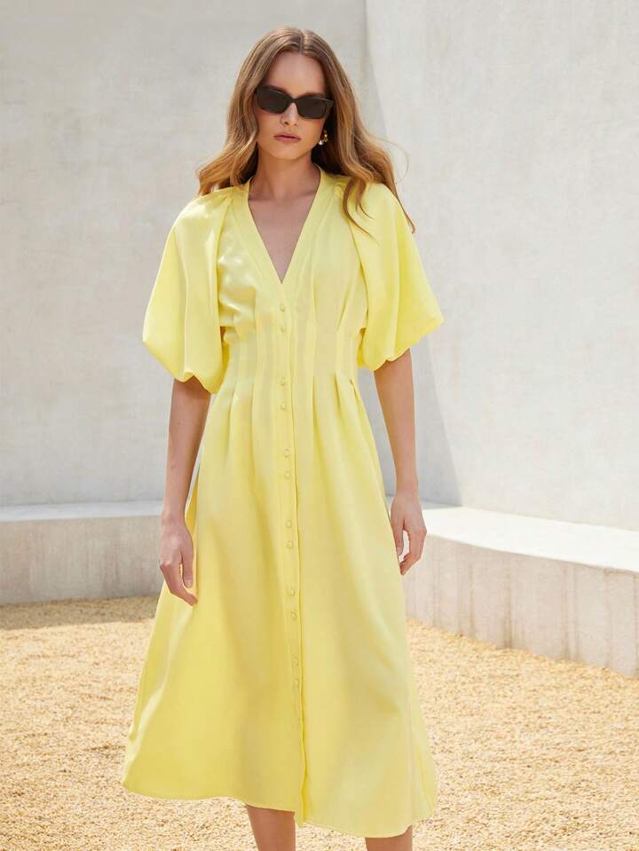 CM-DS512696 Women Elegant Seoul Style Solid Color Chiffon Cinched Waist Puff Sleeve Open Front Long Dress - Yellow