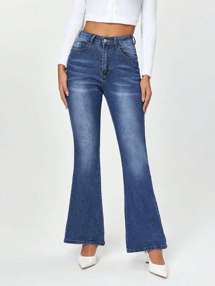 CM-BS414915 Women Casual Seoul Style High Waist Flared Mom Fit Jeans With Pockets - Blue