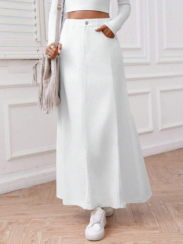 CM-BS098690 Women Casual Seoul Style Solid Color Front Button Pocket Denim Midi Skirt - White
