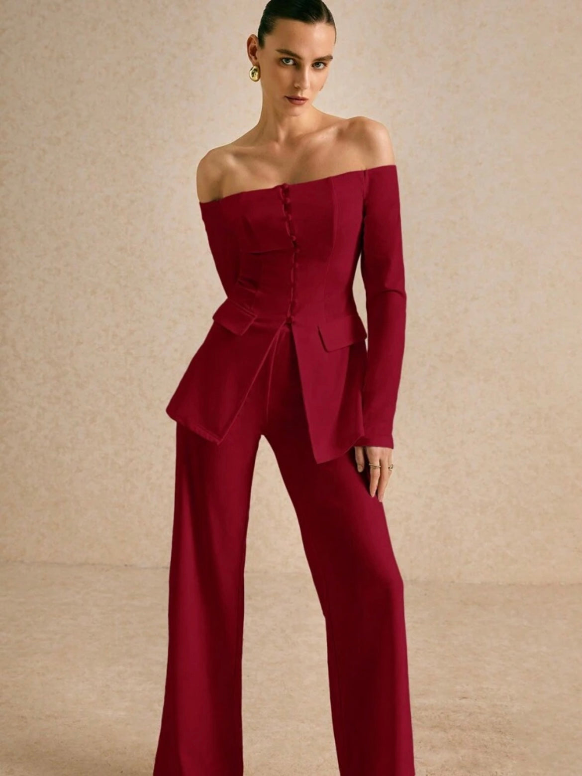 CM-SS302674 Women Elegant Seoul Style Solid Color Off Shoulder Long Sleeve Single Breasted Blazer With Pants - Set