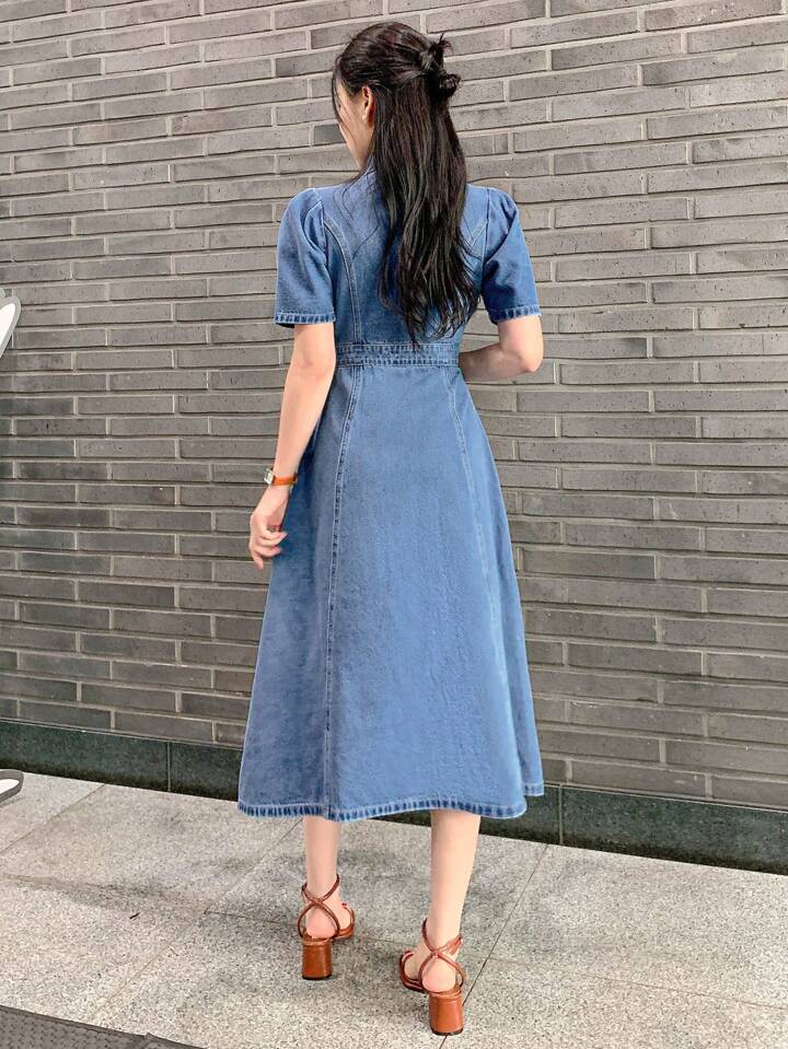 CM-DS280478 Women Casual Seoul Style Medium Wash Shirt Collar Riveted Puff Sleeve Denim Dress