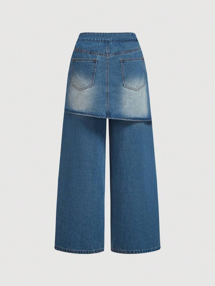 CM-BS157443 Women Casual Seoul Style Rhinestone Accent Washed Loose Wide-Leg Jeans - Blue