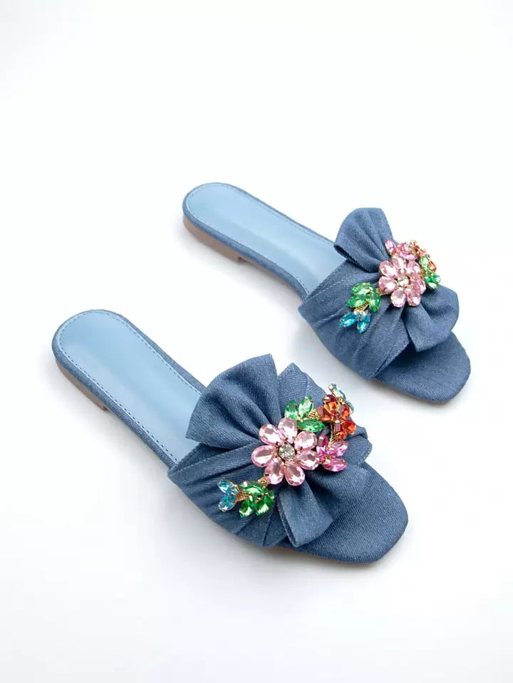 CM-SHS141881 Women Trendy Seoul Style Rhinestone And Bow Decor Slide Denim Flat Sandals - Blue