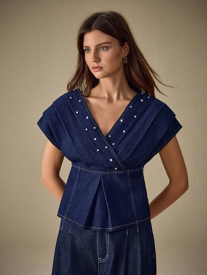 CM-TS983839 Women Casual Seoul Style Dark Wash Deep V-Neck Kimono Sleeve Denim Blouse