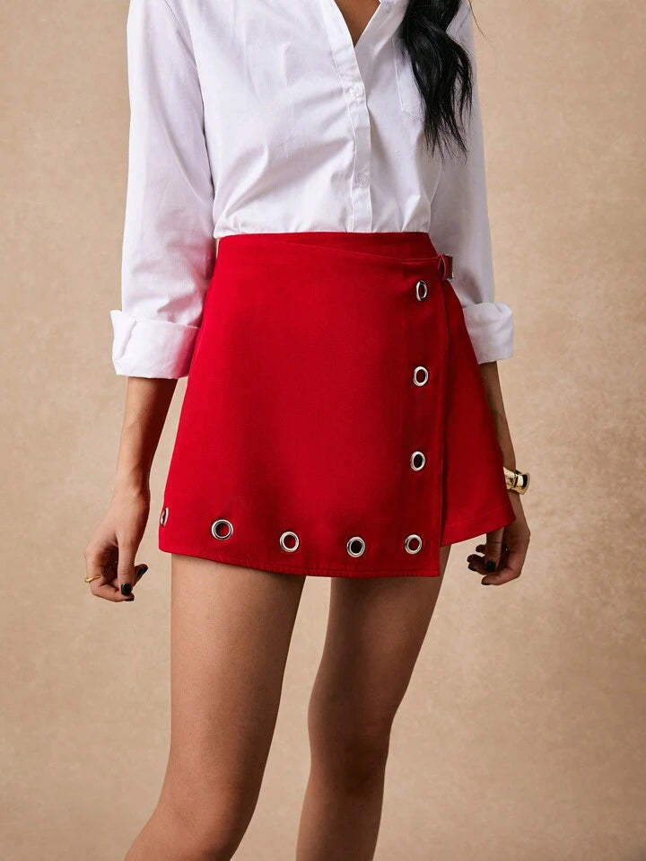 CM-BS084711 Women Casual Seoul Style High Waist Metal Ring Zipper Straight Skort - Red