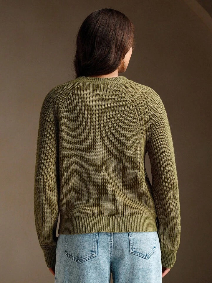 CM-CS500275 Women Elegant Seoul Style Crochet Openwork And Patchwork Design Loose Knit Sweater - Green