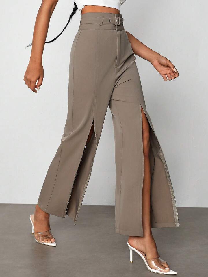 CM-BS399113 Women Casual Seoul Style High Rise Tailored Flare Leg Pants - Khaki