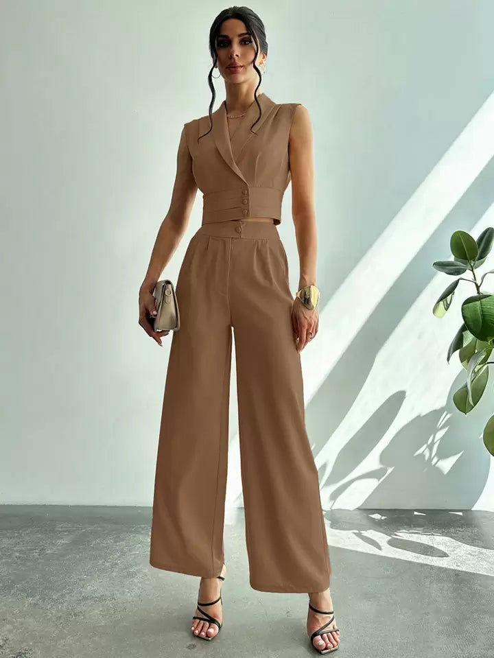 CM-SS414741 Women Elegant Seoul Style Collared Fitted Cap Sleeve Shirt With Straight-Leg Pants Suit - Camel