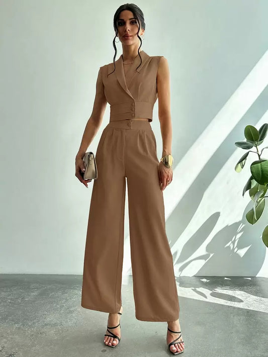 CM-SS414741 Women Elegant Seoul Style Collared Fitted Cap Sleeve Shirt With Straight-Leg Pants Suit - Camel