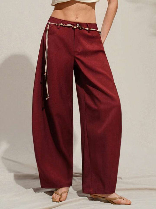 CM-BS980898 Women Casual Seoul Style Belted Flared Wide Leg Pants - Burgundy