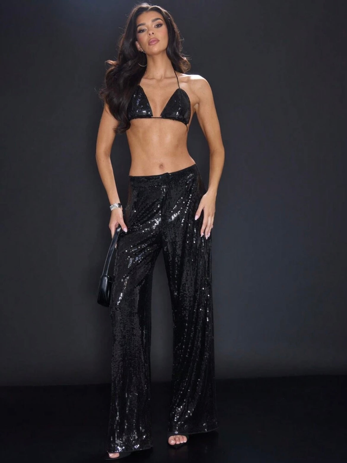 CM-BS173464 Women Elegant Seoul Style Drop Waist Sequin Wide Leg Trousers - Black