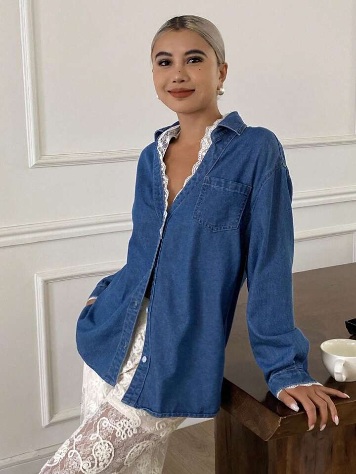CM-TS166673 Women Casual Seoul Style Lace Trim Collar And Cuffs Drop Shoulder Long Sleeve Denim Top - Blue