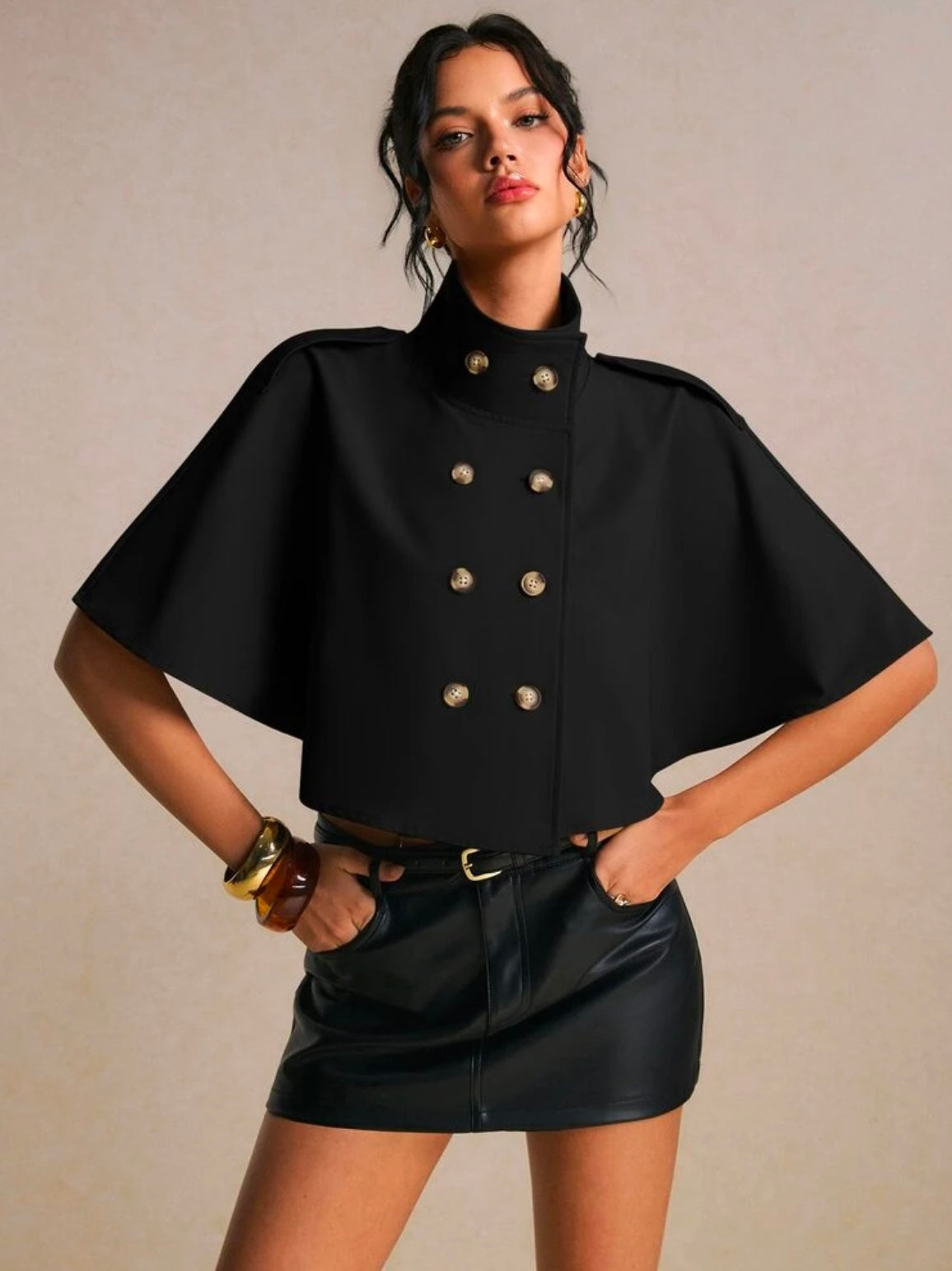 CM-CS774785 Women Elegant Seoul Style Short Sleeve Cropped Double Breasted Cape Trench Coat - Black