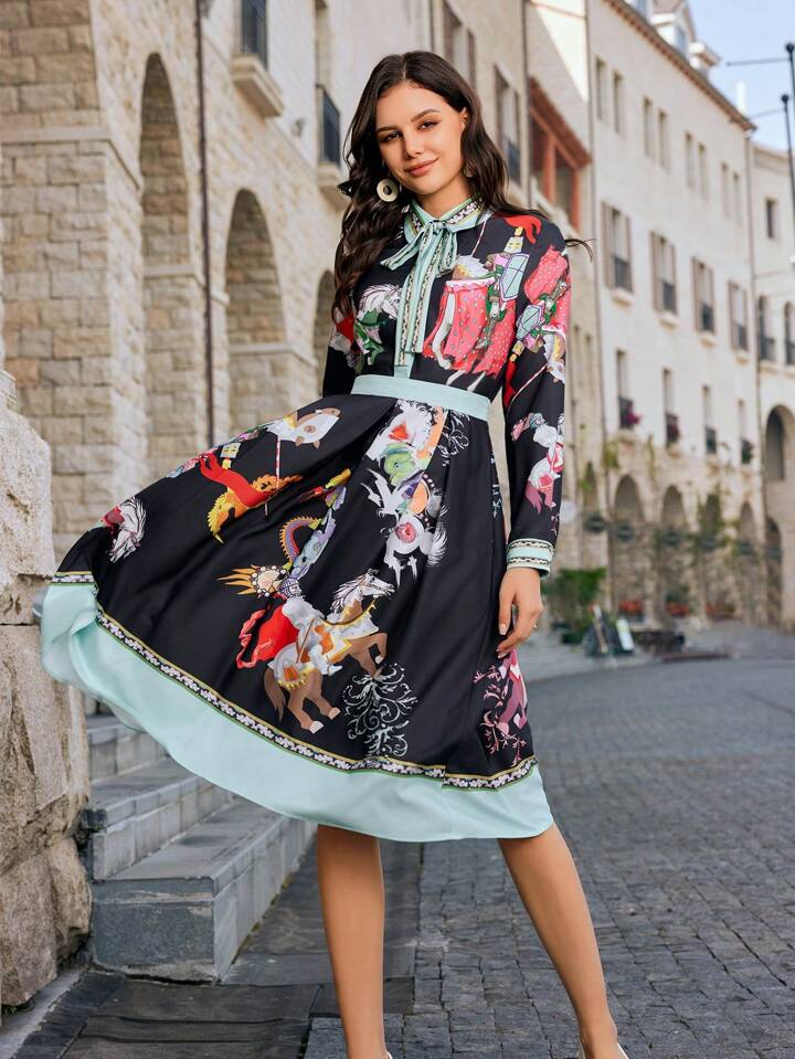 CM-DS914264 Women Elegant Seoul Style Tie Neck Floral Printed Long Sleeve Dress