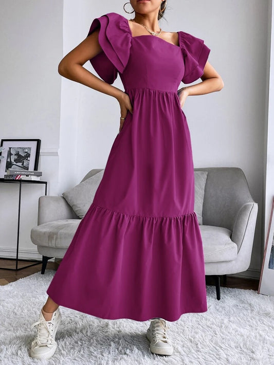 CM-DS813851 Women Trendy Bohemian Style Layered Sleeve Ruffle Hem Dress - Purple