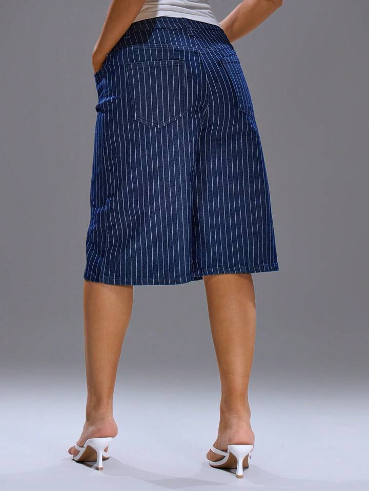 CM-BS726982 Women Casual Seoul Style Dark Wash Low Waist Longline Pinstripe Denim Jorts