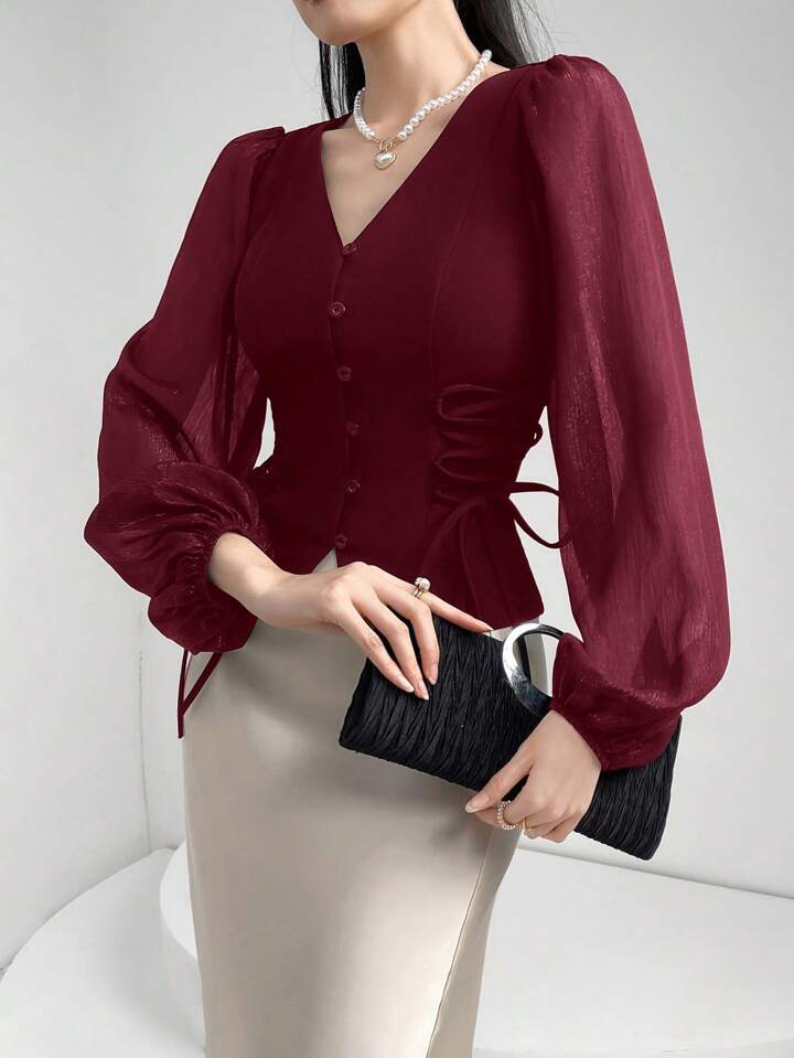 CM-TS872949 Women Elegant Seoul Style Sheer V-Neck Puff Lantern Sleeves Lace-Up Detail Blouse - Burgundy