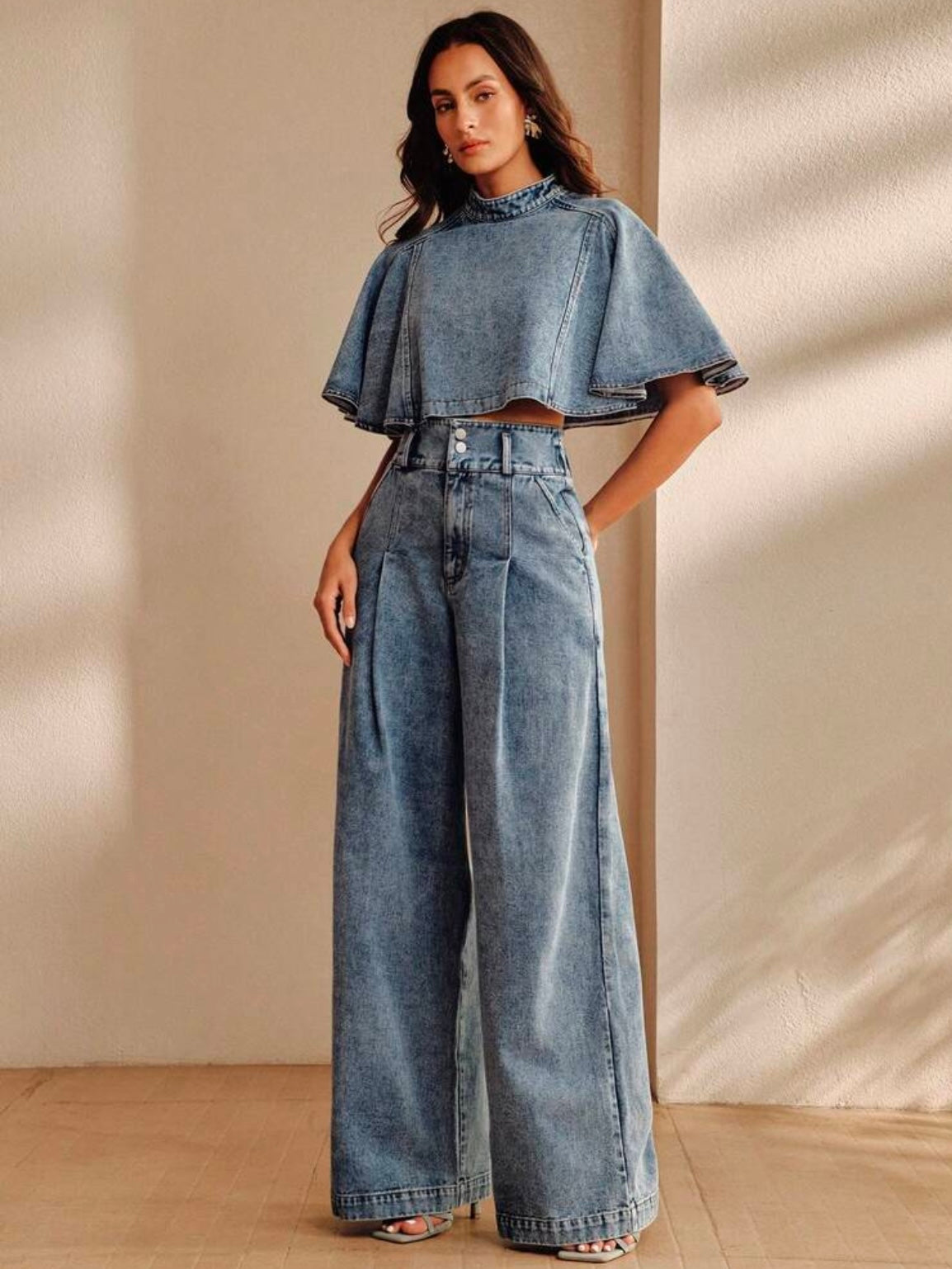 CM-SS412905 Women Elegant Seoul Style Stand Collar Cloak Sleeve Cape Top With High Waist Wide Leg Long Pants - Set