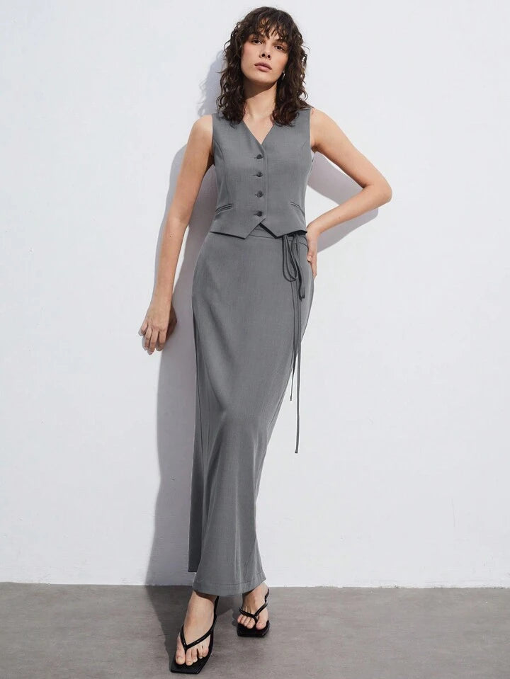 CM-SS116177 Women Elegant Seoul Style V-Neck Single-Breasted Suit Vest With Skirt Suit - Light Gray