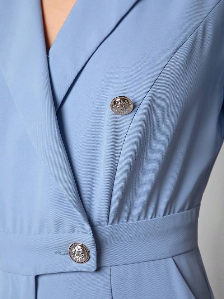 CM-JS122415 Women Elegant Seoul Style Lapel Collar Double-Breasted Jumpsuit - Blue
