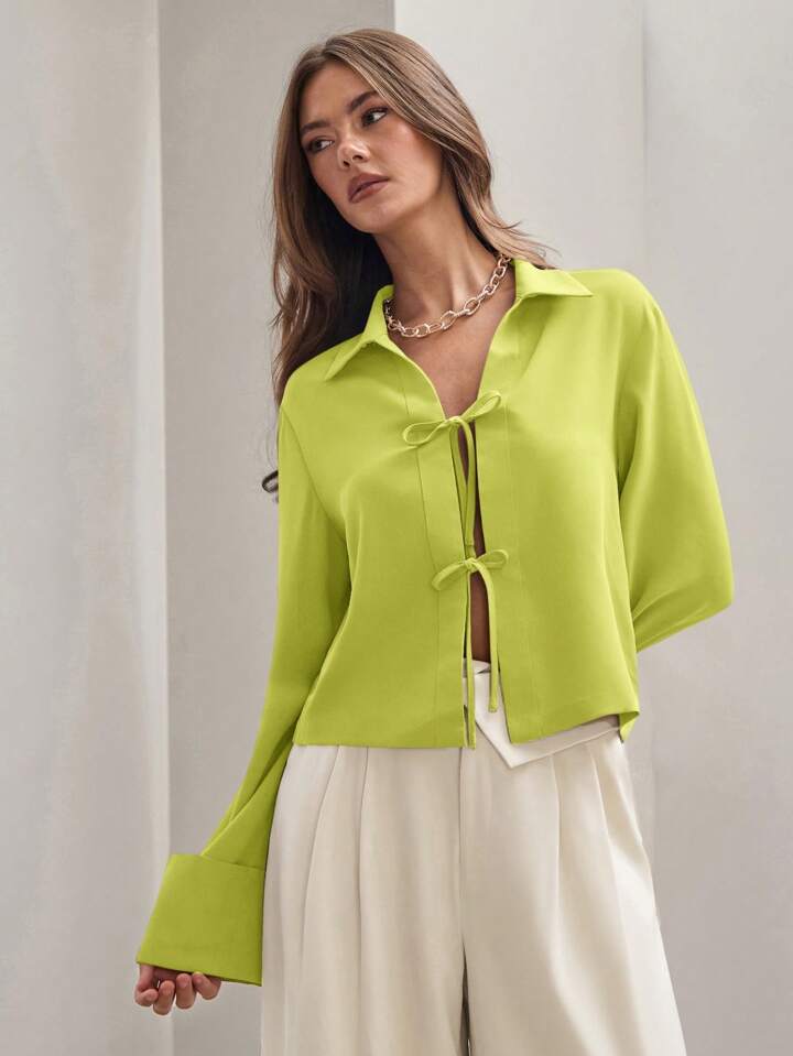 CM-TS814811 Women Trendy Bohemian Style Shirt Collar Front Tie Long Sleeve Shirt - Green