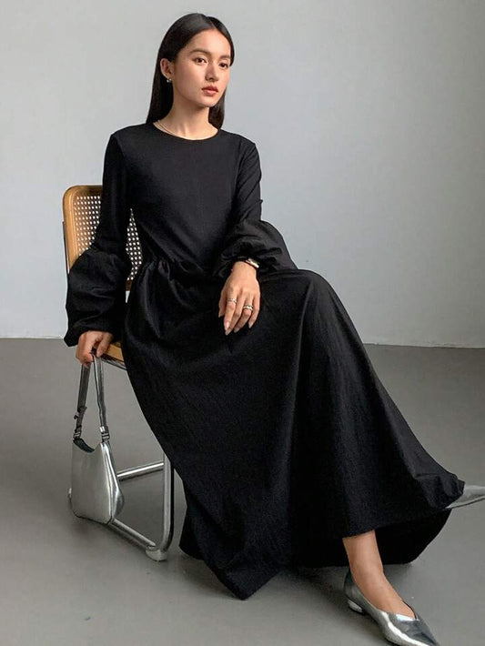 CM-DS465431 Women Casual Seoul Style Solid Color Round Neck Long Flare Sleeve Dress - Black