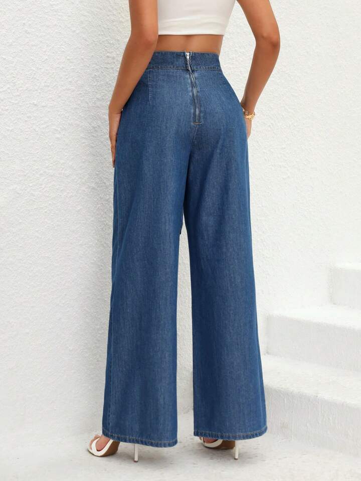 CM-BS692337 Women Casual Seoul Style Medium Wash High Waist Belted Wide Leg Jeans