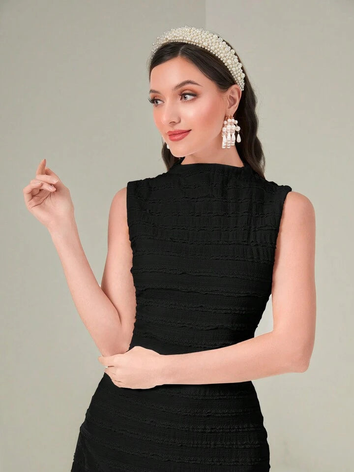 CM-DS201110 Women Casual Seoul Style Solid Color Stand Collar Sleeveless Midi Dress - Black