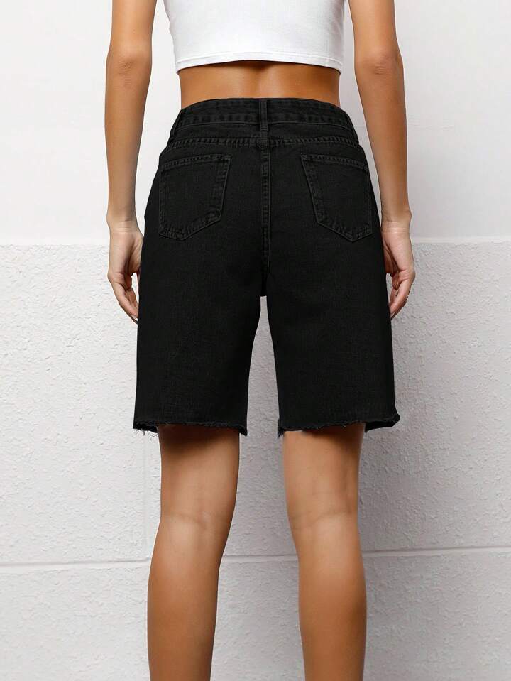 CM-BS280506 Women Casual Seoul Style Solid Color Pocket Frayed Hem Bermuda Denim Shorts - Black