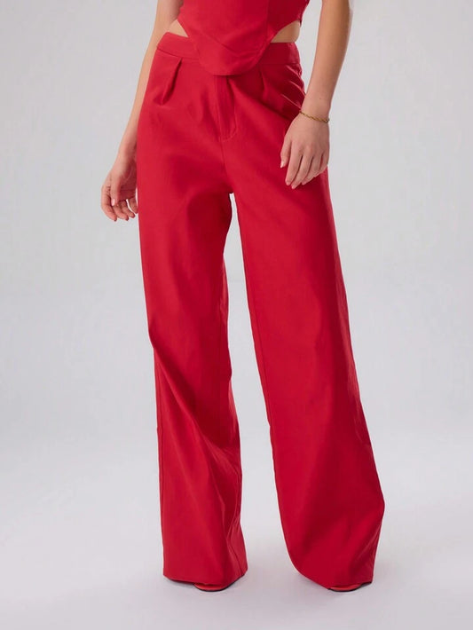 CM-BS151423 Women Elegant Seoul Style Solid Color Pleated Wide Leg Pants - Red