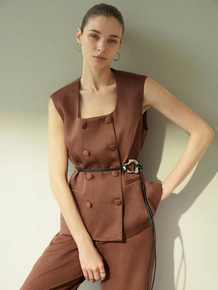 CM-SS840745 Women Elegant Seoul Style Square Neck Sleeveless Double-Breasted Pocket Decor Button Vest With Pants - Set