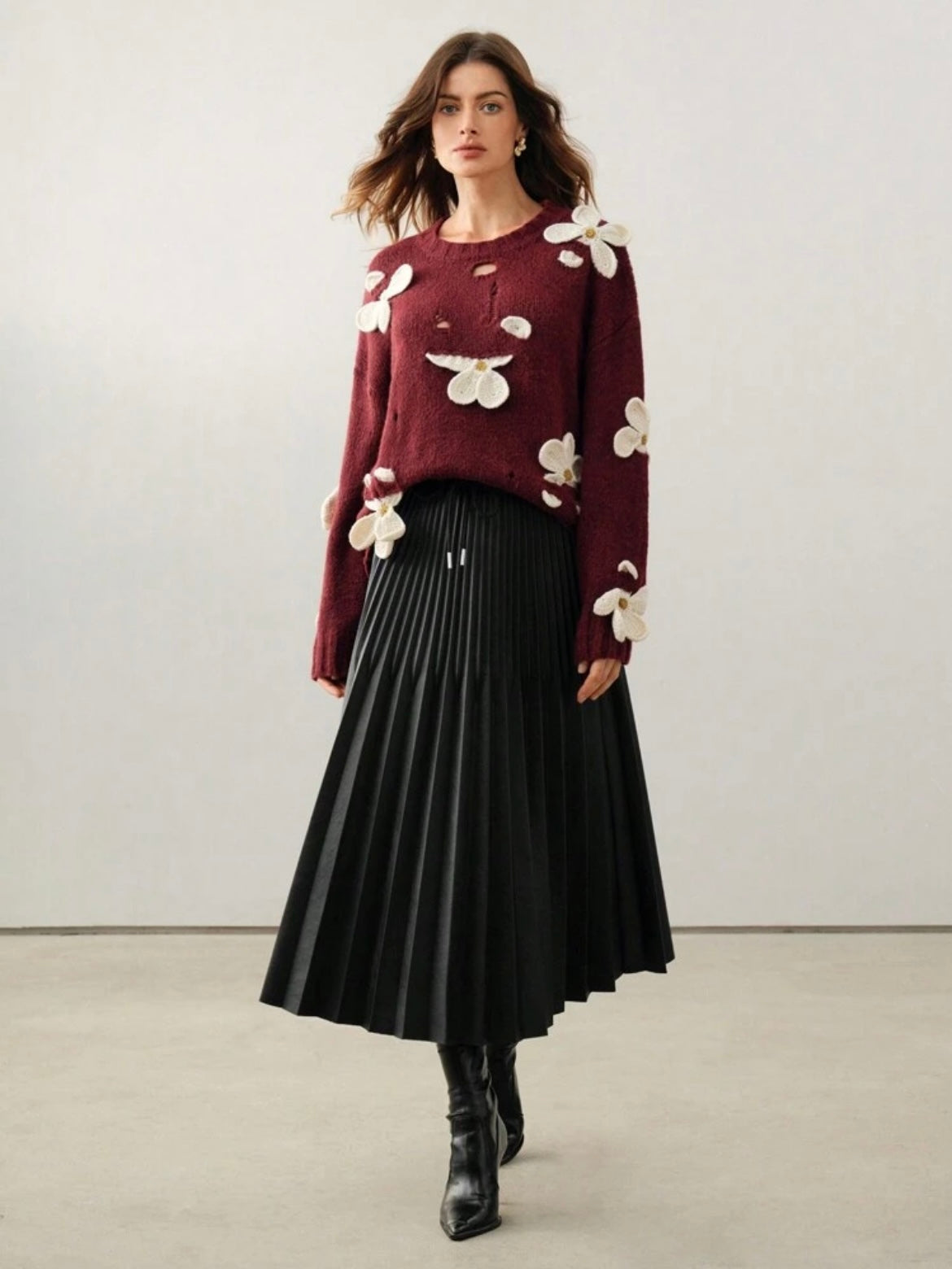 CM-CS771282 Women Casual Seoul Style Round Neck Crochet 3D Floral Long Sleeve Knitted Sweater