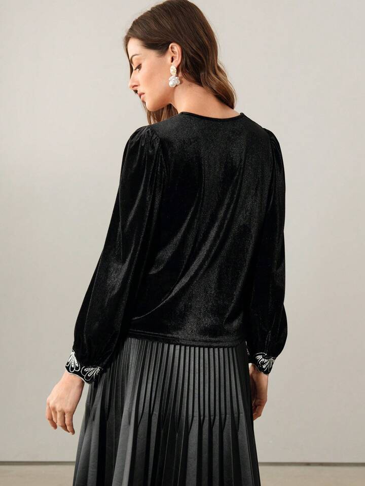 CM-TS192317 Women Elegant Seoul Style V-Neck Lantern Sleeve Velvet Hollow Embroidery Belted Blouse - Black