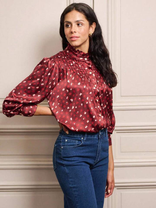 CM-TS271471 Women Elegant Seoul Style Satin Dot-Print Pintuck Ruffle Neckline Long Sleeve Blouse