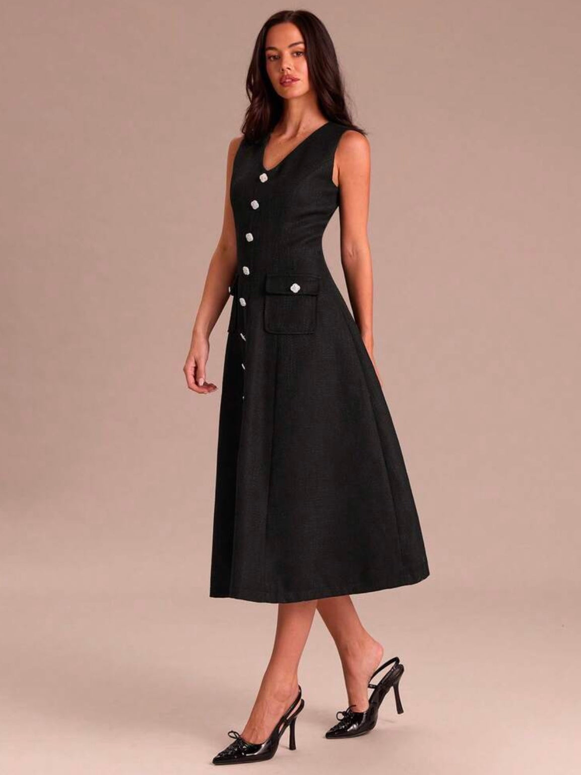 CM-DS919991 Women Elegant Seoul Style V-Neck Sleeveless Woven A-Line Flared Midi Dress With Pockets - Black