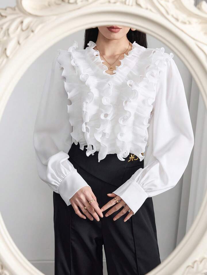 CM-TS600109 Women Elegant Seoul Style V-Neck Loose Fit Long Sleeve Frill Trim Blouse - White