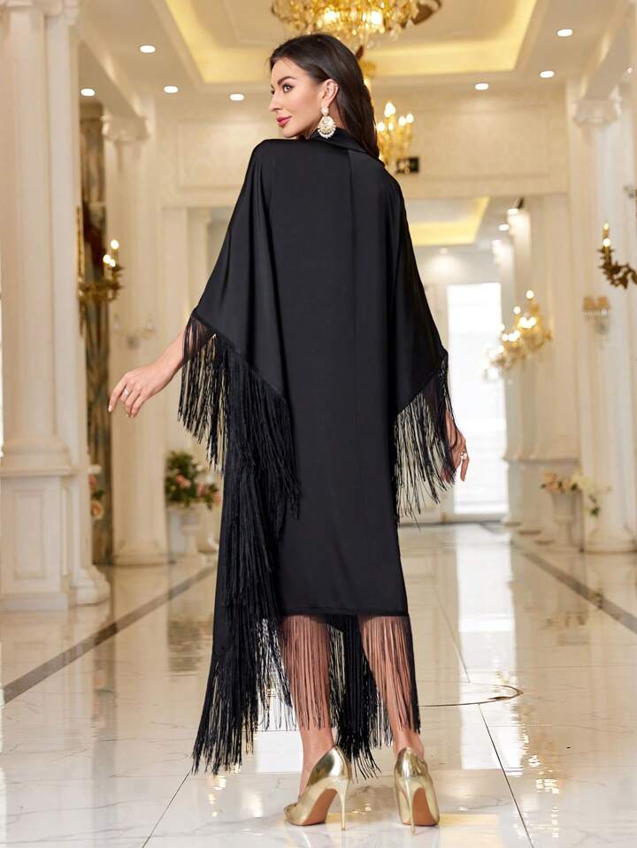 CM-DS970154 Women Elegant Seoul Style Keyhole Neckline Tassel Decor Loose Fit Dress - Black