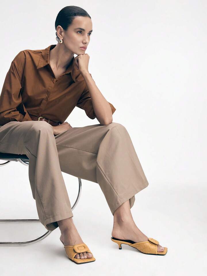 CM-SHS773826 Women Trendy Seoul Style Square Toe Low Heel Sandals - Khaki