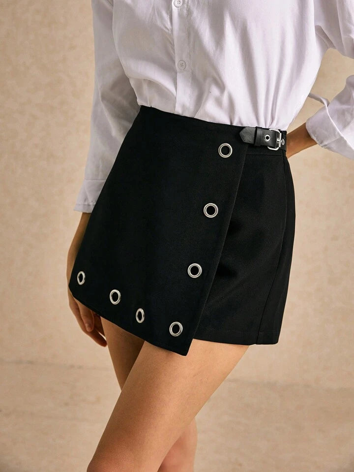CM-BS055532 Women Casual Seoul Style High Waist Metal Ring Zipper Straight Skort - Black