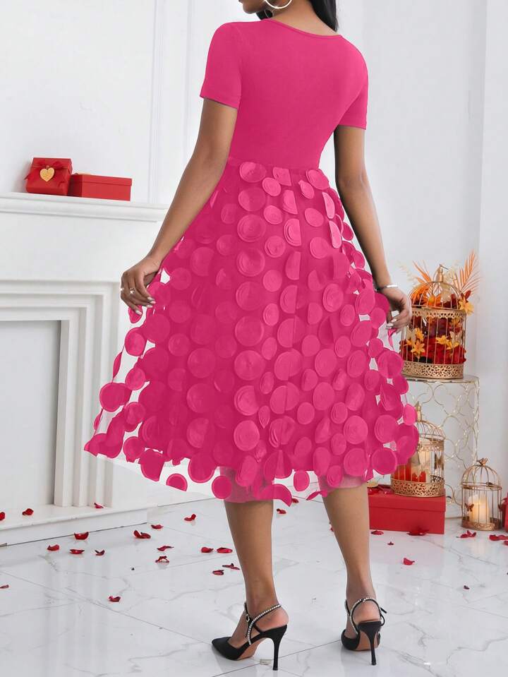 CM-DS399795 Women Casual Seoul Style Embroidery Mesh Splice Short Sleeve Tied Waist Dress - Hot Pink