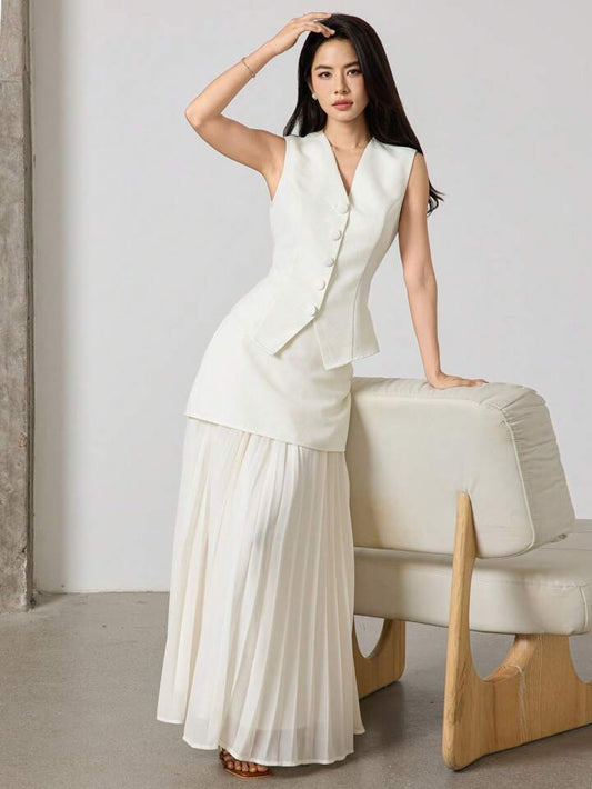 CM-SS751230 Women Elegant Seoul Style V-Neck Sleeveless Button Front Suit Vest With Pleated Long Skirt - Set