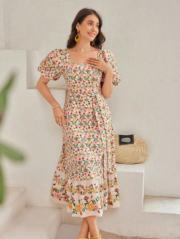 CM-DS701592 Women Trendy Bohemian Style Floral Print Square Neck Puff Sleeve Dress