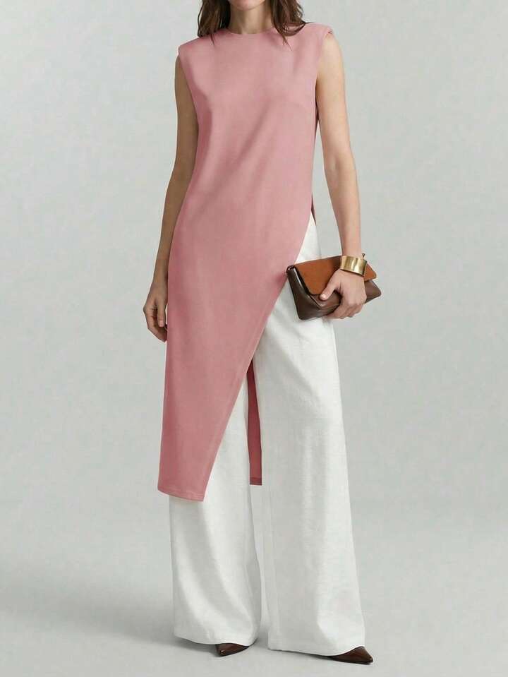 CM-TS641430 Women Casual Seoul Style Round Neck Wide Shoulder Sleeveless Asymmetric Hem Mid-Length Top - Pink