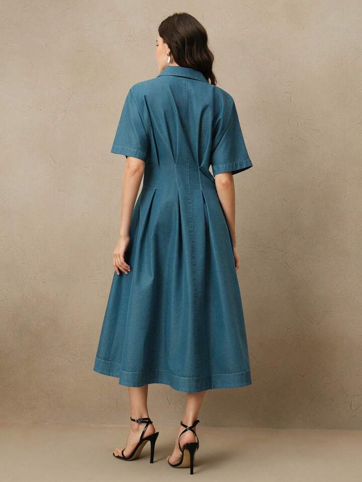 CM-DS203055 Women Elegant Seoul Style Shirt Collar Batwing Sleeve High Waist A-Line Denim Dress - Blue