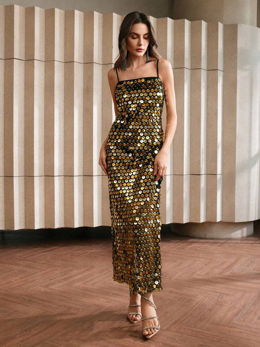 CM-DS214252 Women Elegant Seoul Style Sequined Spaghetti Strap Sleeveless Back Slit Midi Dress